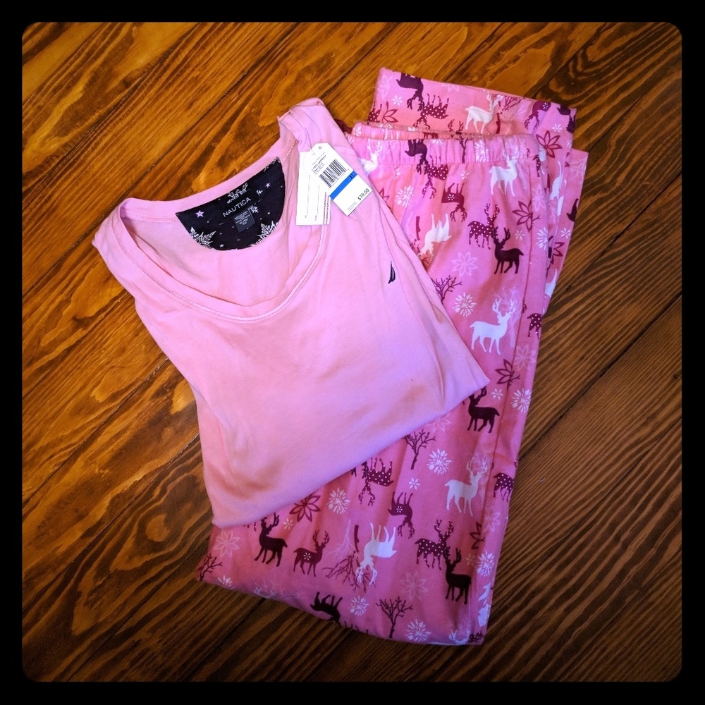 Nautica Women's LS Flannel Pink Deer Pajamas-NWT